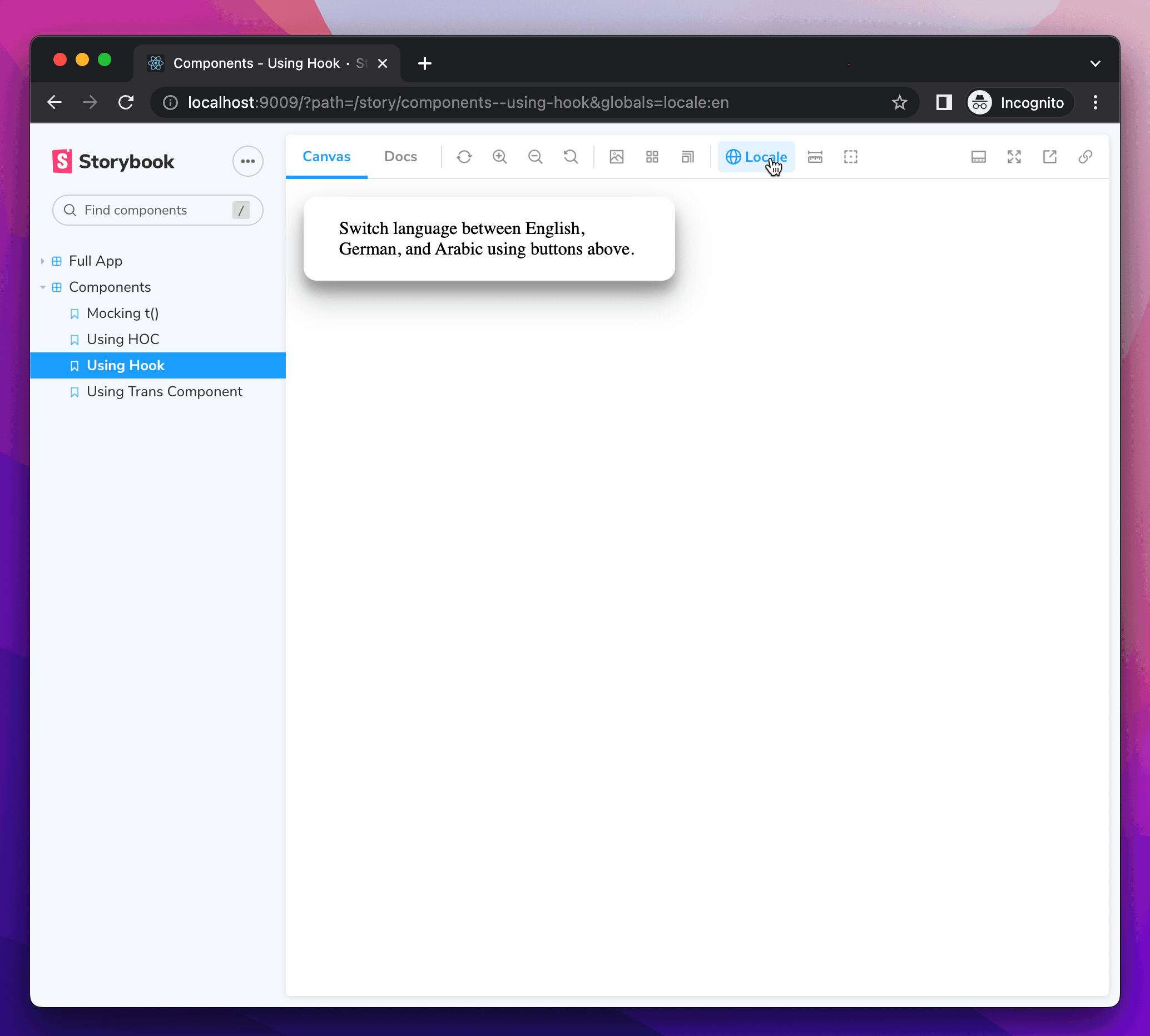 Switching the locale between English, German and Arabic using the Storybook toolbar